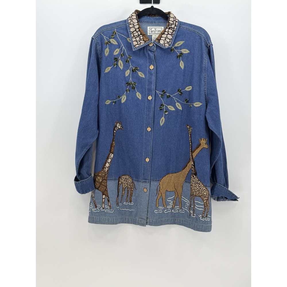 Vintage TanTrums Giraffe Applique Denim Jacket Beaded Animal Print Shirt 2XL